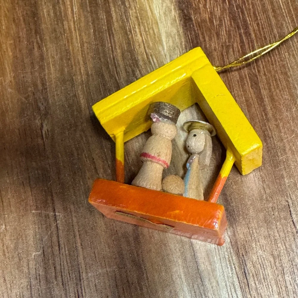 Vintage Miniature Wood Nativity Ornament Yellow Stable Made in Taiwan Christmas